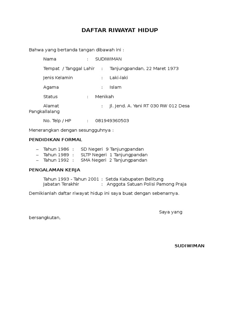 Detail Surat Lamaran Daftar Riwayat Hidup Nomer 49