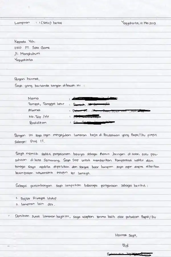 Detail Surat Lamaran Kerja Di Pt Tulis Tangan Nomer 3