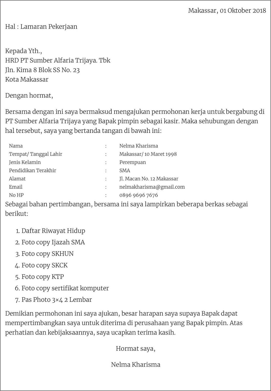 Detail Surat Lamaran Kerja Ke Alfamart Nomer 5