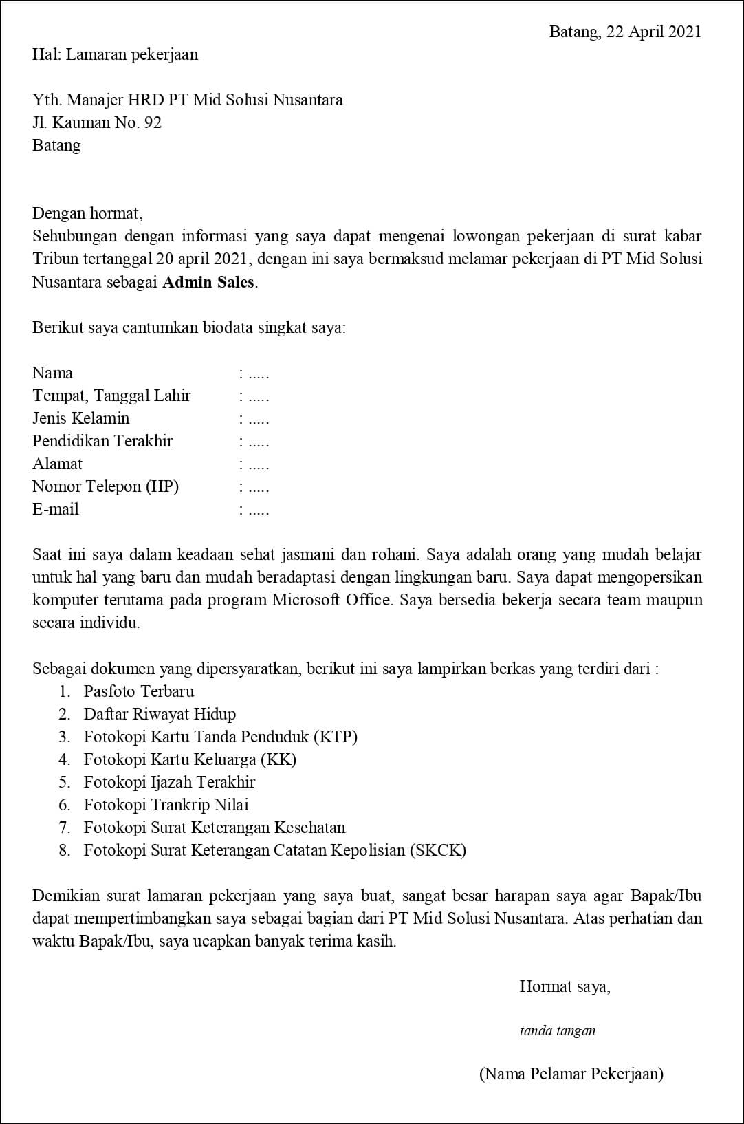 Detail Surat Lamaran Kerja Sebagai Admin Nomer 10