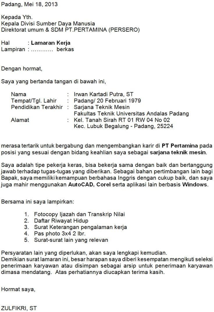 Detail Surat Lamaran Kerja Spbu Nomer 13