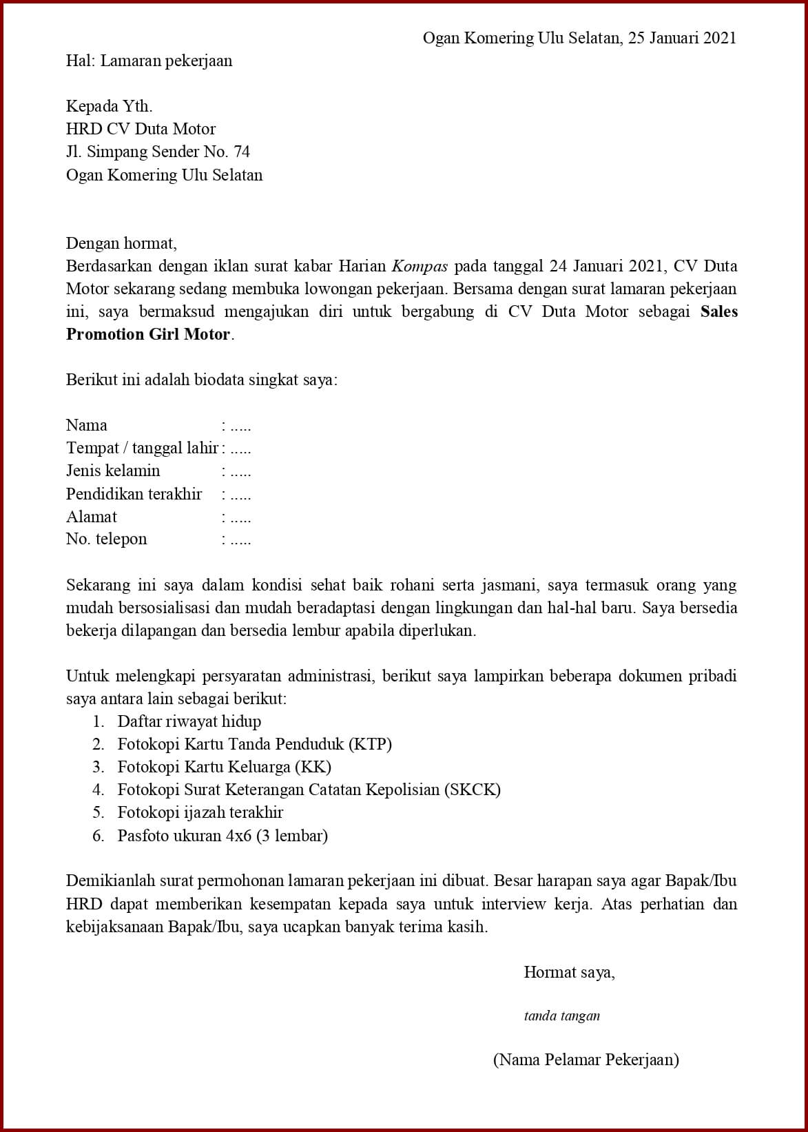 Detail Surat Lamaran Kerja Spg Nomer 45