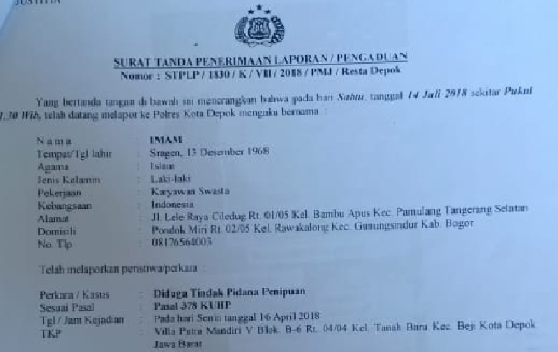 Detail Surat Laporan Polisi Kasus Penipuan Nomer 11