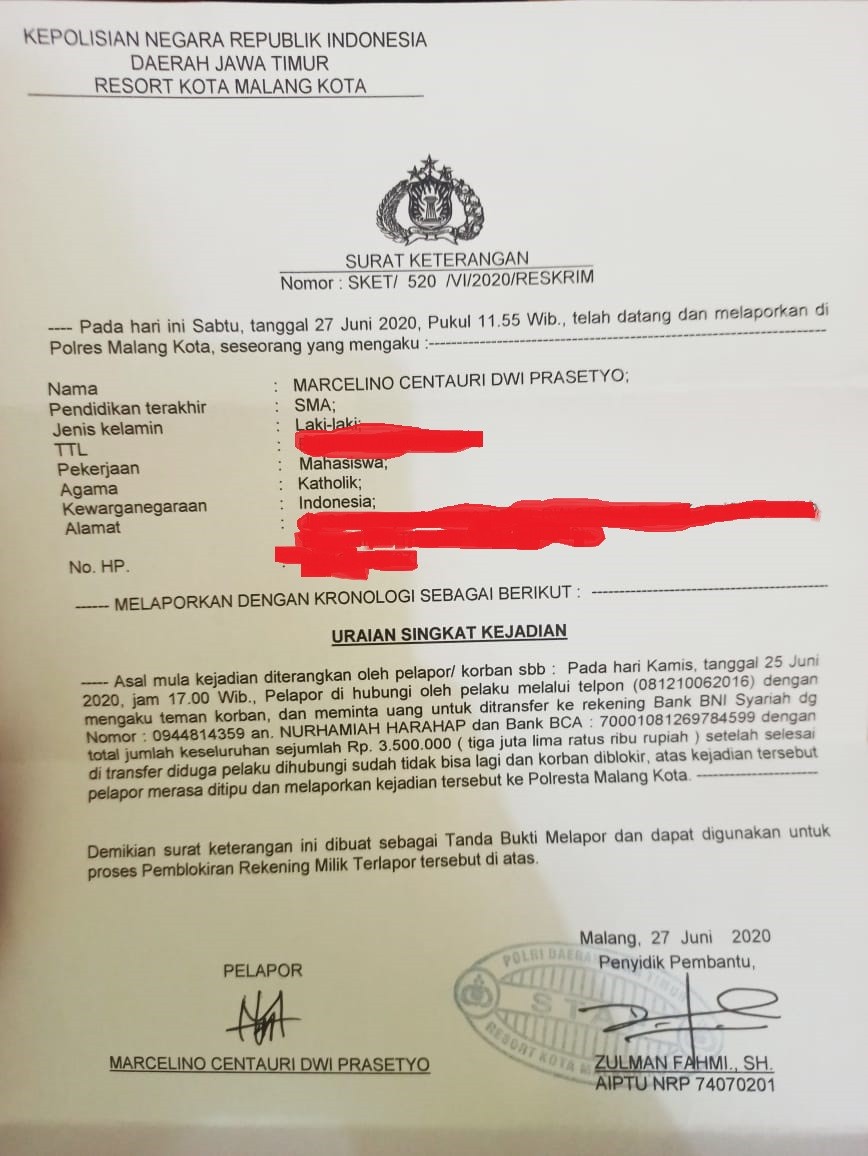 Detail Surat Laporan Polisi Kasus Penipuan Nomer 21