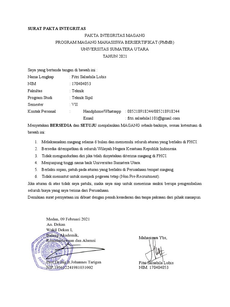 Detail Surat Pakta Integritas Nomer 13