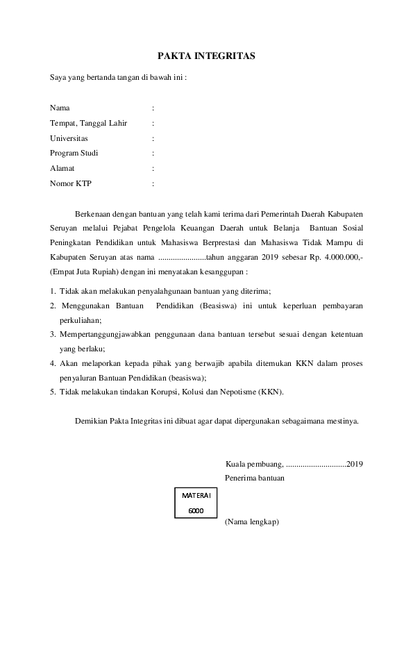 Detail Surat Pakta Integritas Nomer 17