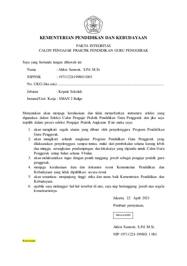 Detail Surat Pakta Integritas Nomer 45