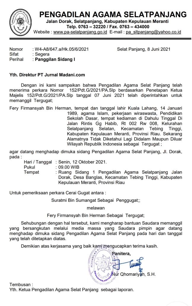 Detail Surat Panggilan Sidang Cerai Nomer 44