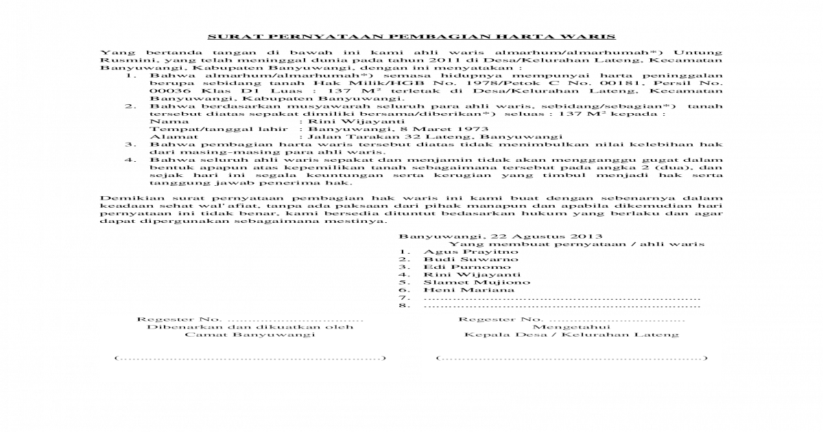 Detail Surat Pembagian Warisan Nomer 11