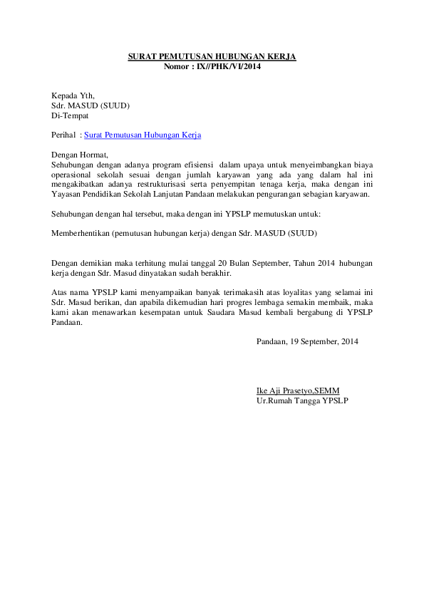 Detail Surat Pemutusan Kontrak Kerja Nomer 17