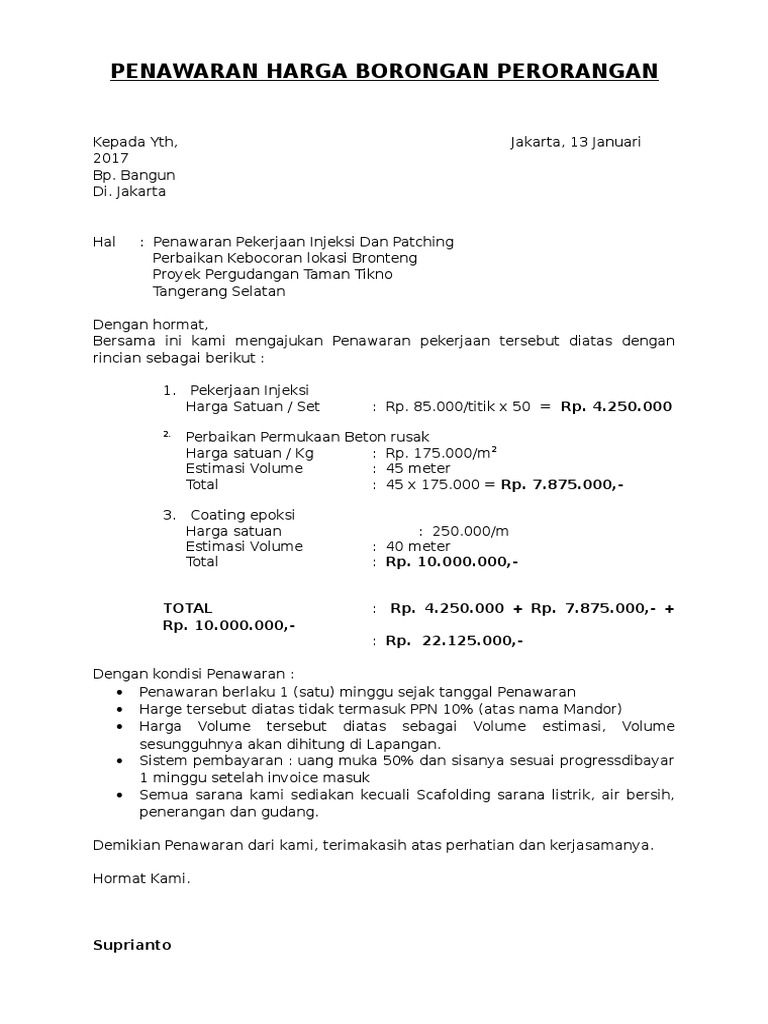 Detail Surat Penawaran Pekerjaan Borongan Nomer 2