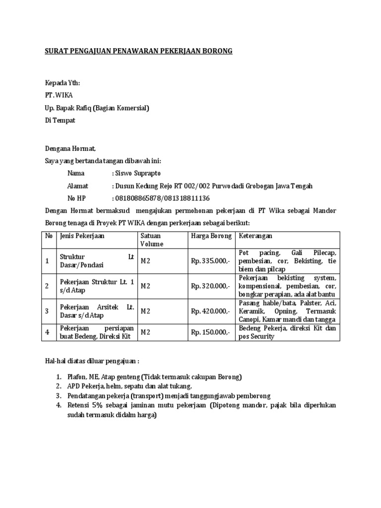 Detail Surat Penawaran Pekerjaan Borongan Nomer 12