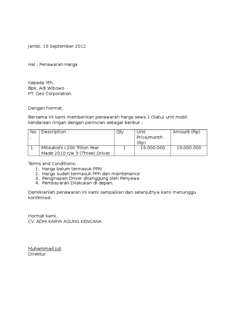 Detail Surat Penawaran Sewa Kendaraan Nomer 16