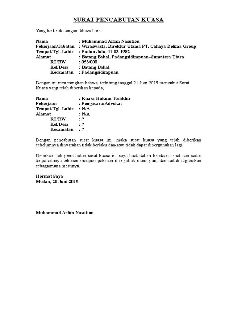 Detail Surat Pencabutan Kuasa Nomer 19