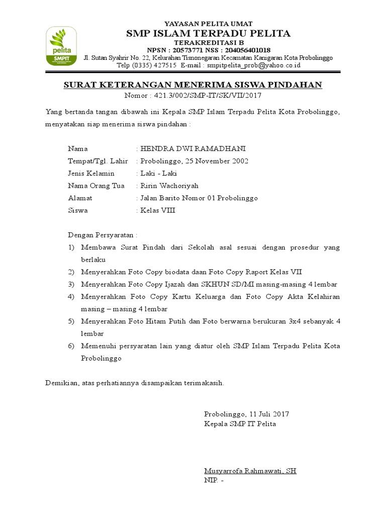 Detail Surat Penerimaan Siswa Pindahan Nomer 13