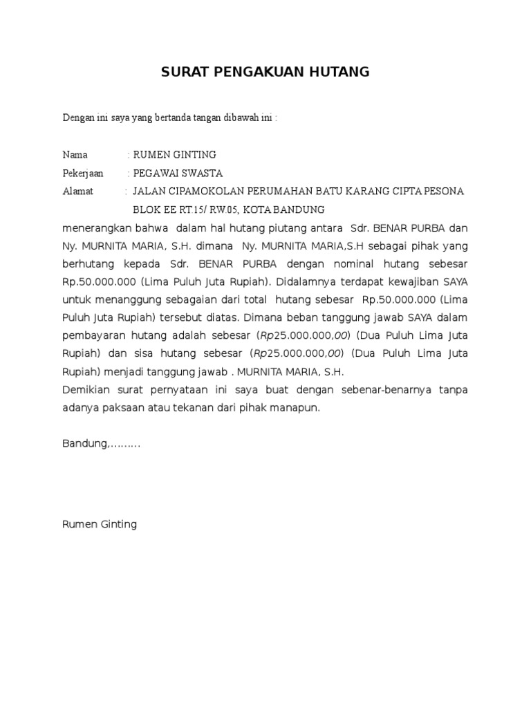 Detail Surat Pengakuan Hutang Nomer 10