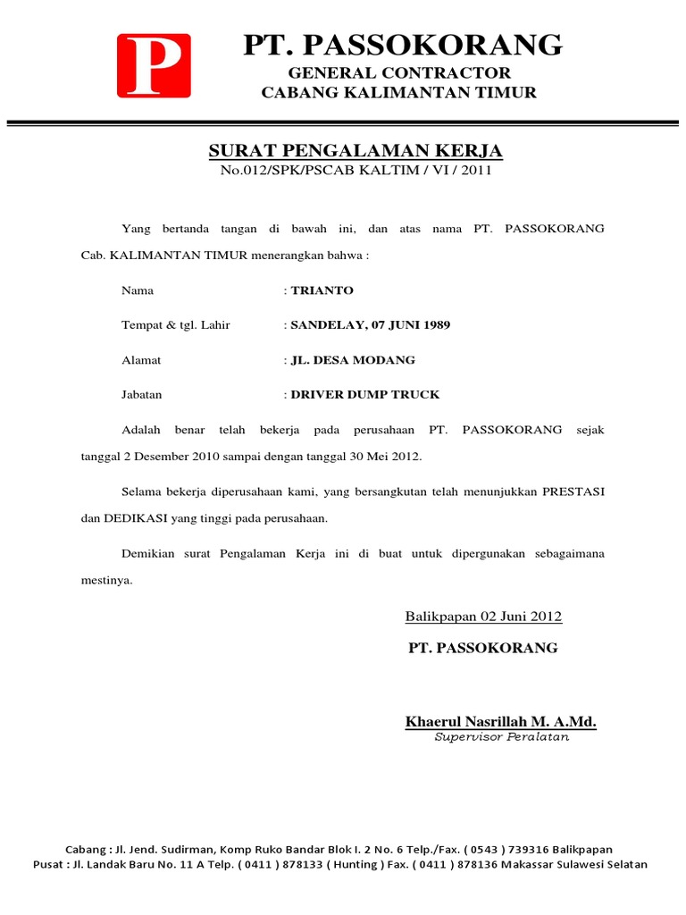 Detail Surat Pengalaman Kerja Contoh Nomer 9