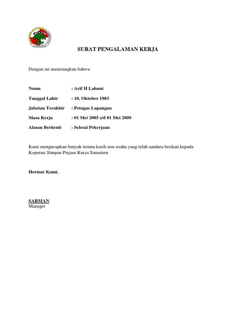 Detail Surat Pengalaman Kerja Contoh Nomer 4