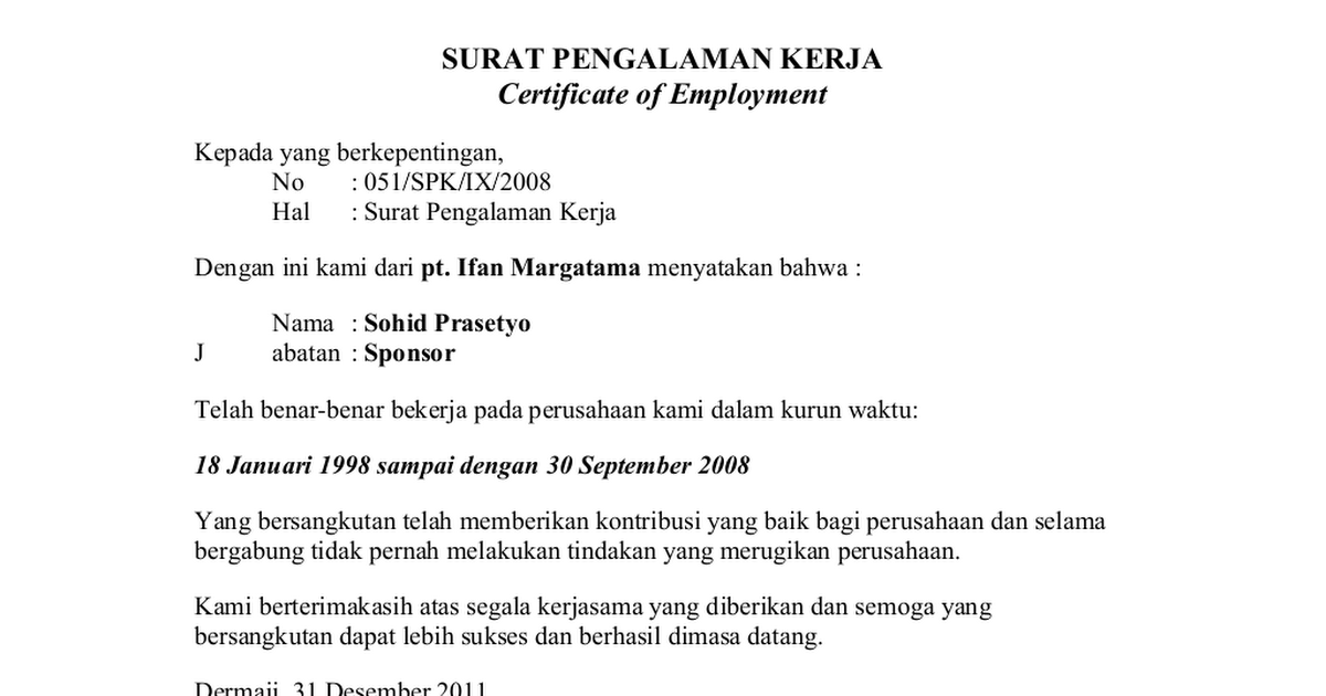 Detail Surat Pengalaman Kerja Doc Nomer 4