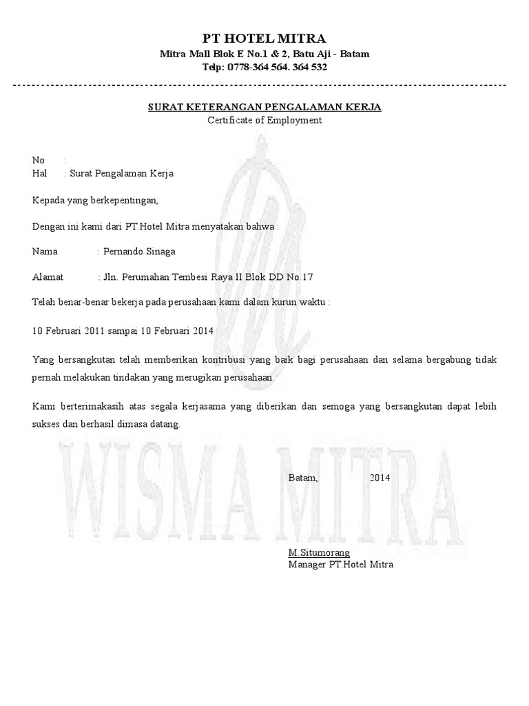 Detail Surat Pengalaman Kerja Hotel Nomer 30