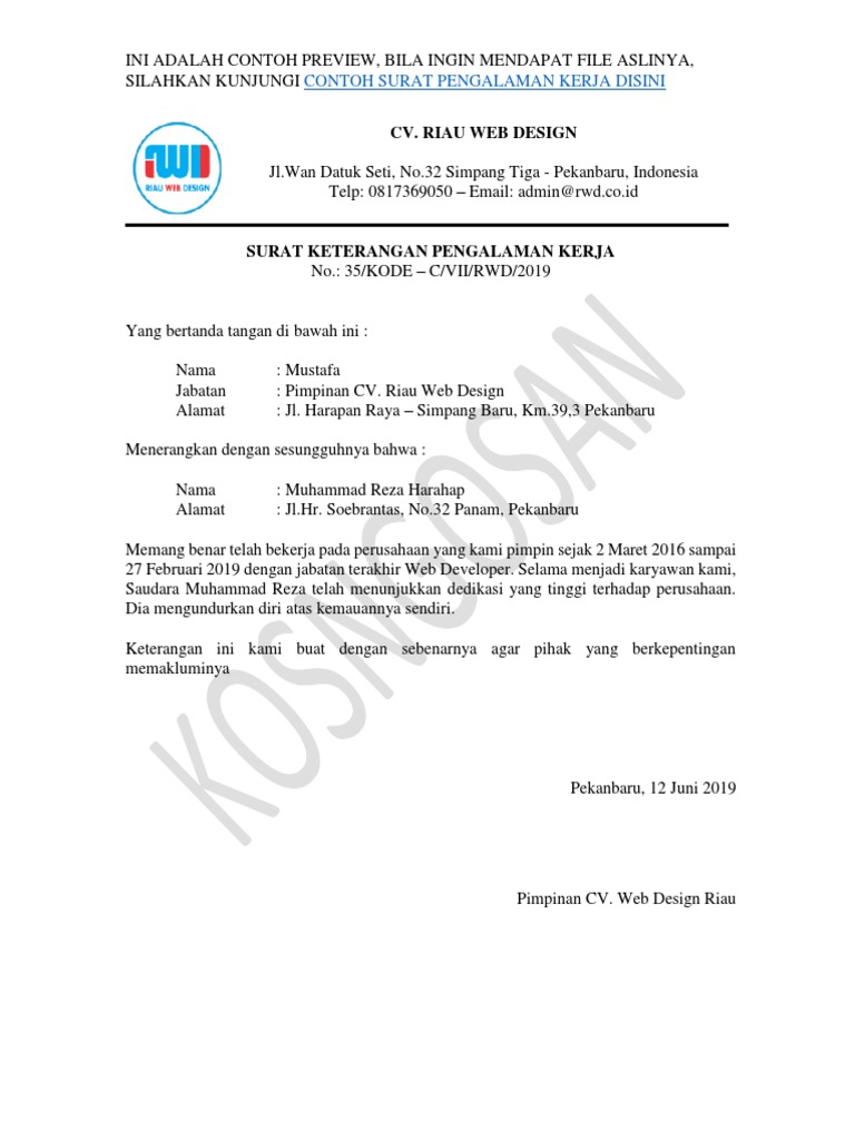 Detail Surat Pengalaman Kerja Perusahaan Nomer 21