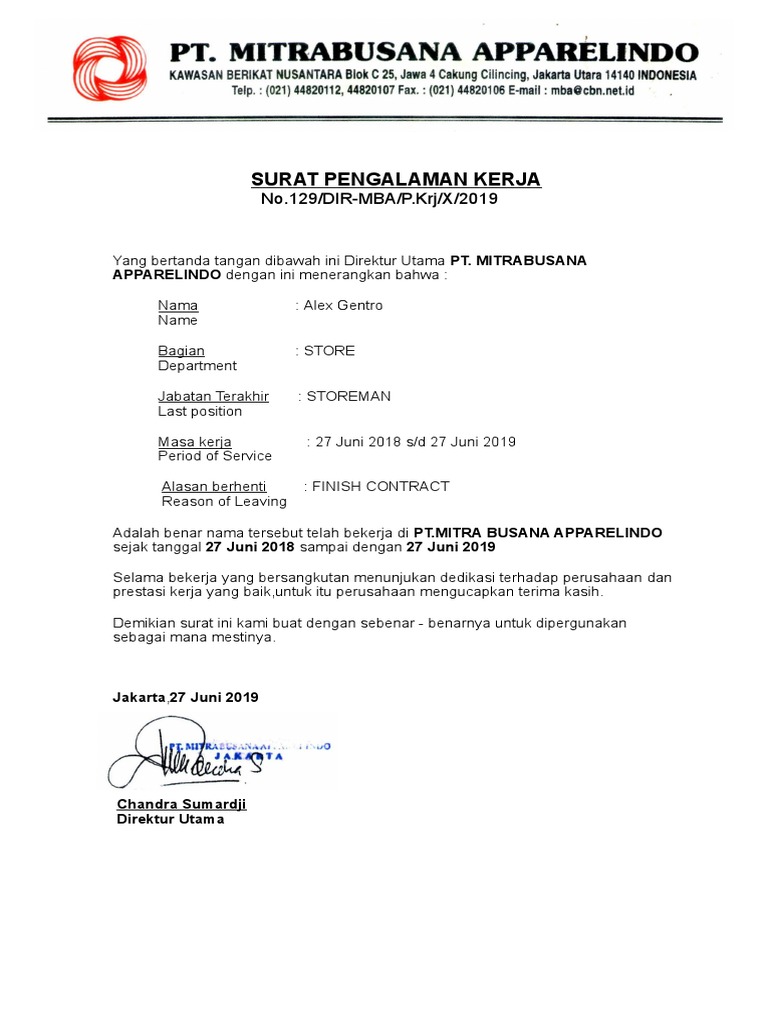 Detail Surat Pengalaman Kerja Pt Nomer 17