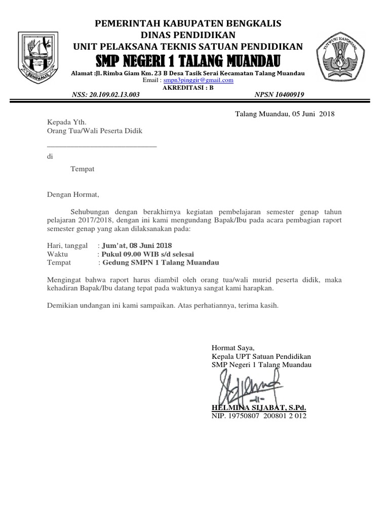 Detail Surat Pengambilan Raport Nomer 16