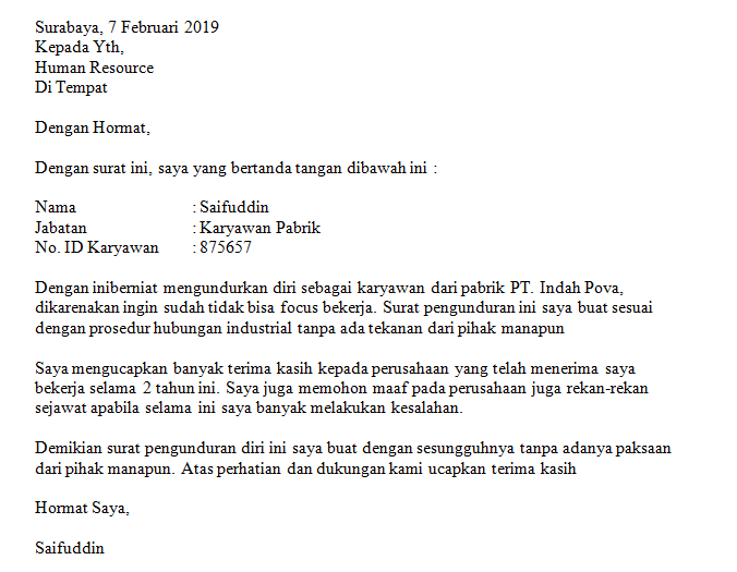 Detail Surat Pengunduran Diri Kerja Di Pt Nomer 47