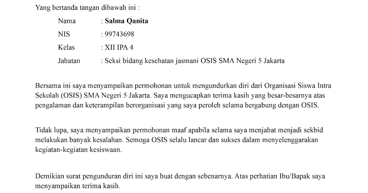 Detail Surat Pengunduran Diri Osis Nomer 29