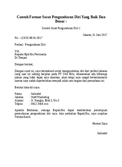 Detail Surat Pengunduran Diri Pt Nomer 47