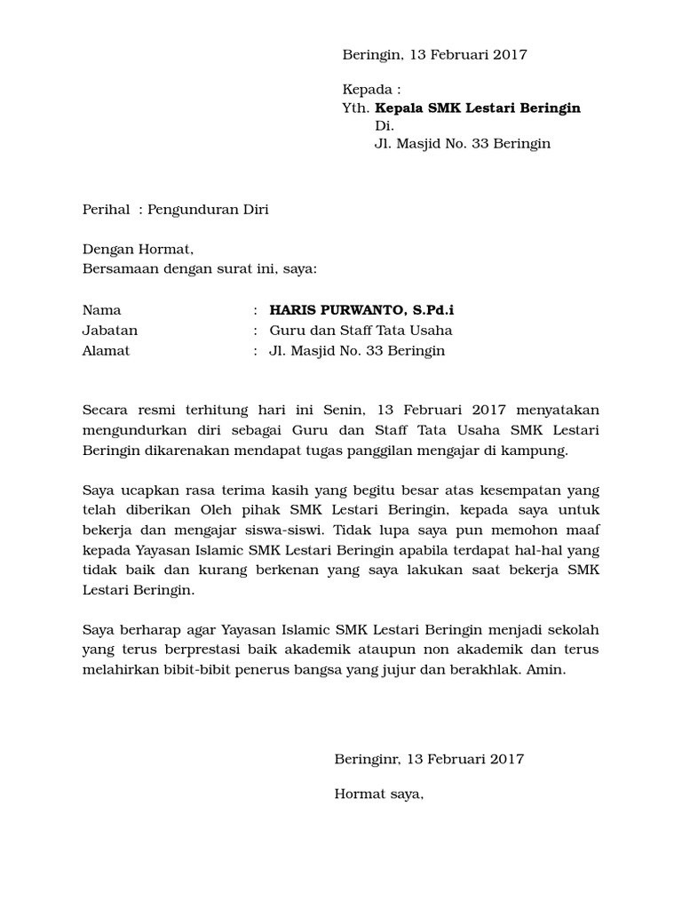 Detail Surat Pengunduran Diri Sebagai Guru Nomer 7