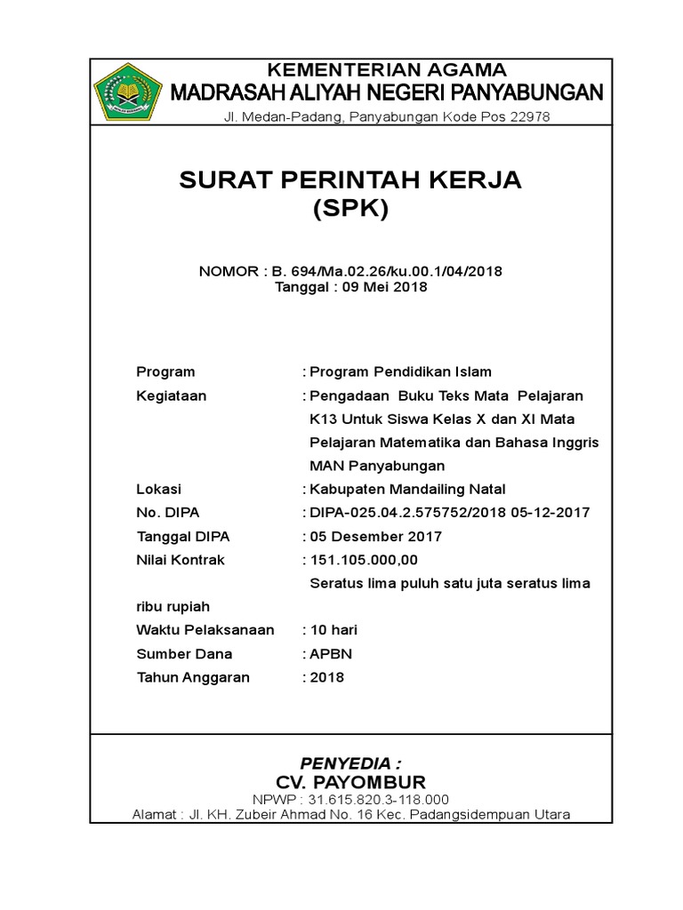 Detail Surat Perintah Kerja Pengadaan Barang Nomer 12