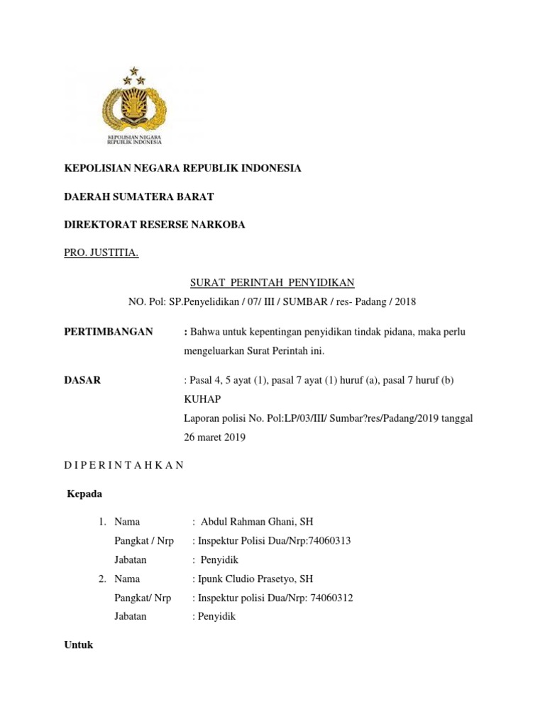 Detail Surat Perintah Penyelidikan Nomer 8