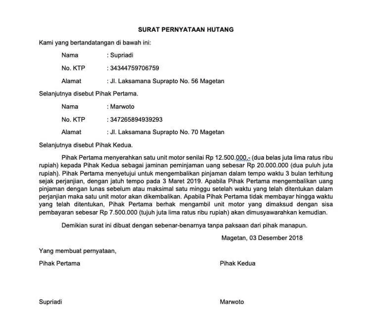 Detail Surat Perjanjian Bayar Hutang Nomer 19