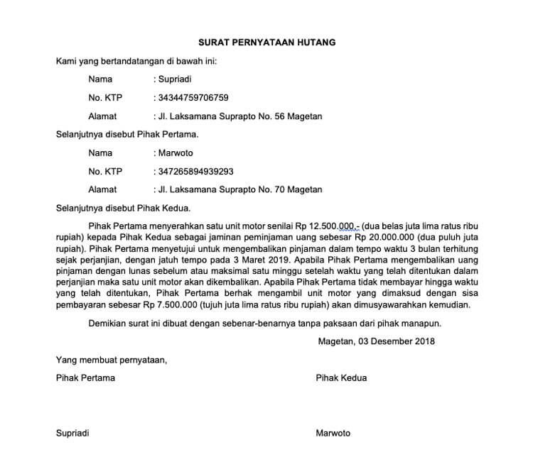 Detail Surat Perjanjian Hutang Dengan Jaminan Nomer 2