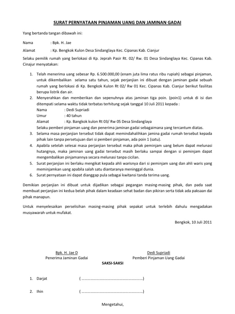 Detail Surat Perjanjian Hutang Dengan Jaminan Nomer 12