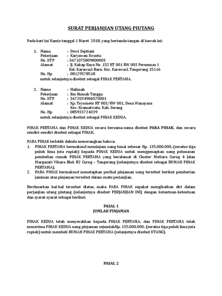 Detail Surat Perjanjian Hutang Dengan Jaminan Nomer 19