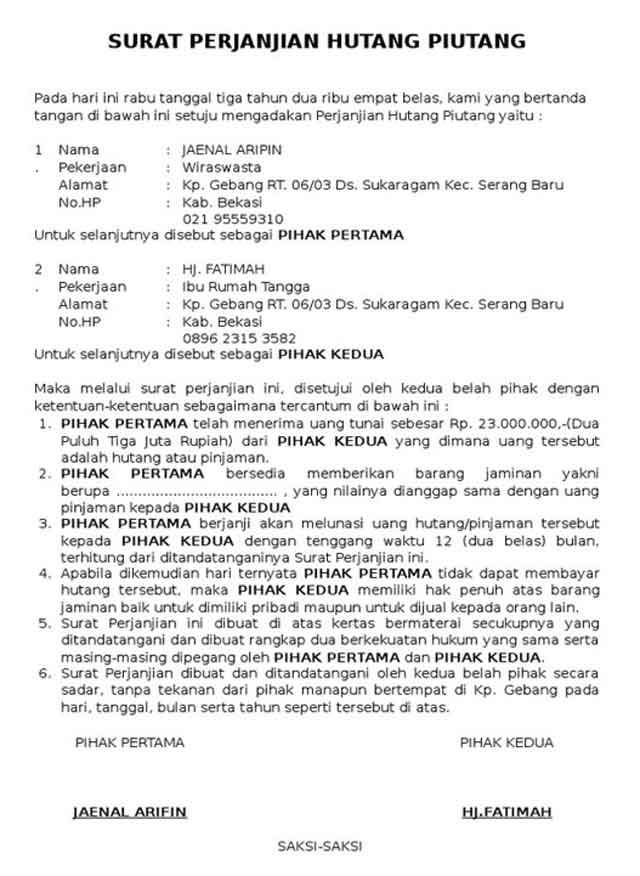 Detail Surat Perjanjian Hutang Dengan Jaminan Nomer 25