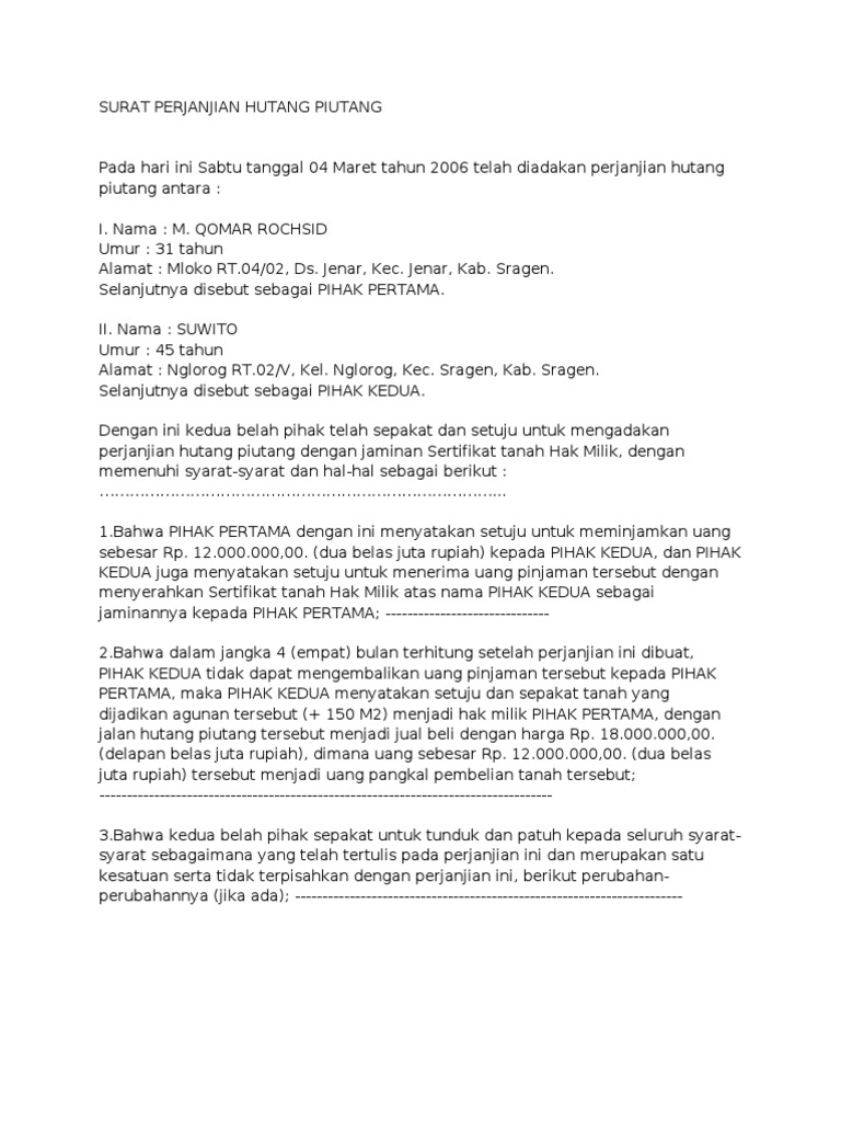 Detail Surat Perjanjian Hutang Dengan Jaminan Nomer 26