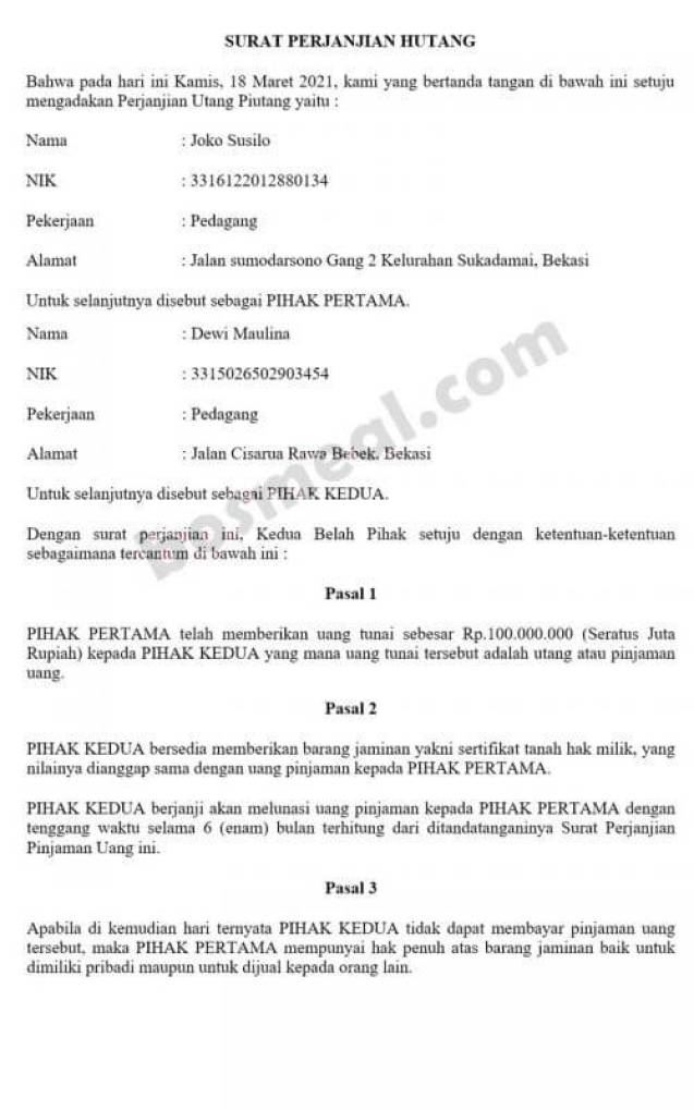 Detail Surat Perjanjian Hutang Dengan Jaminan Nomer 51