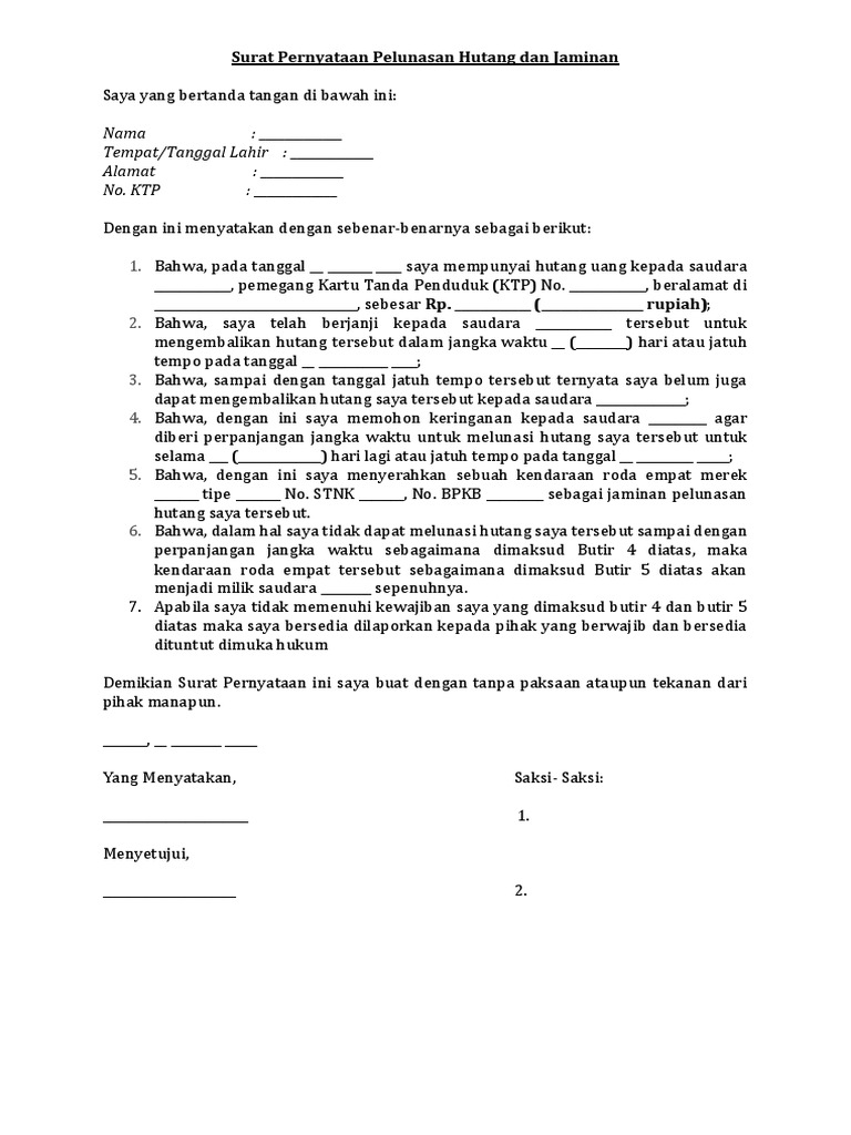 Detail Surat Perjanjian Hutang Tanpa Jaminan Nomer 47