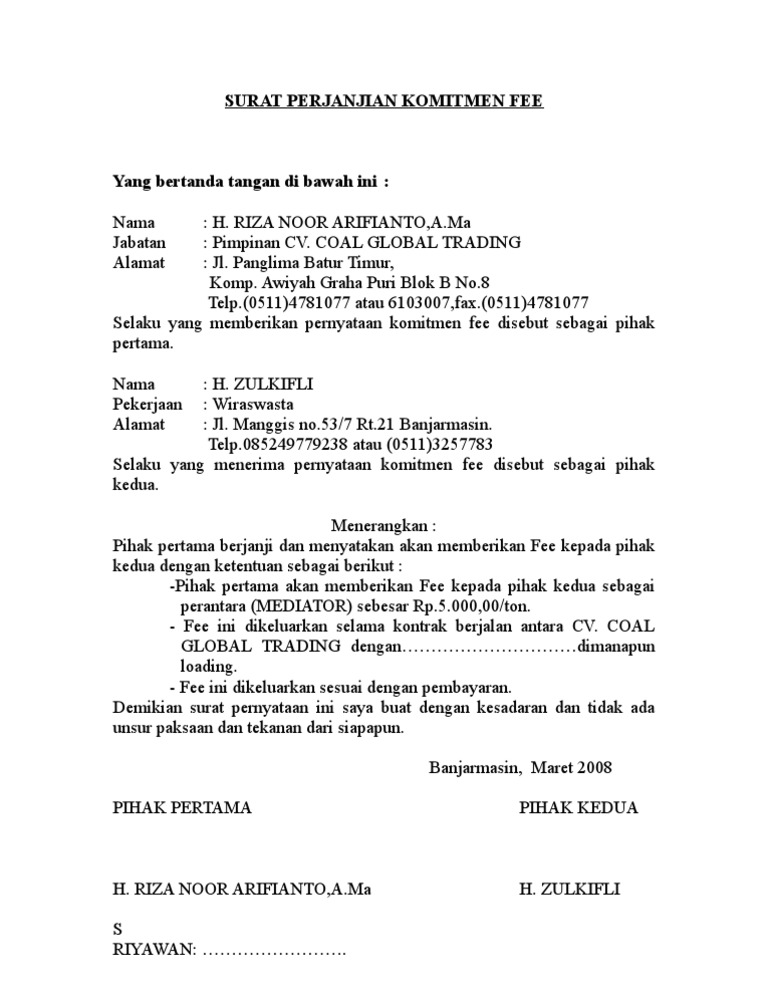 Detail Surat Perjanjian Komitmen Fee Mediator Nomer 2