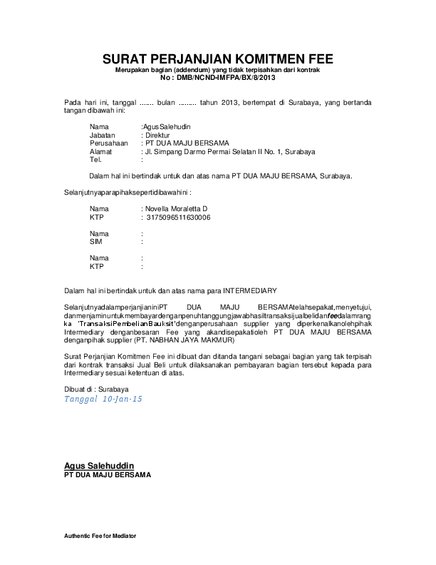 Detail Surat Perjanjian Komitmen Fee Mediator Nomer 12