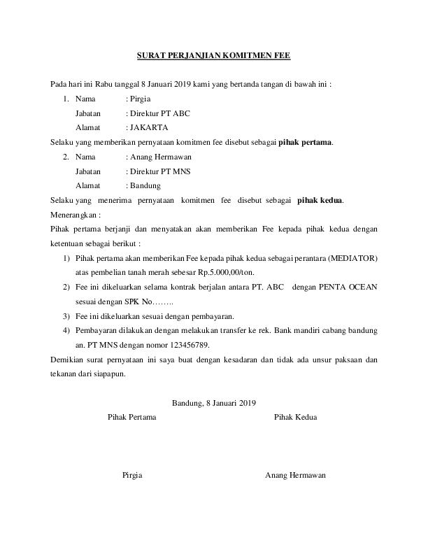 Detail Surat Perjanjian Komitmen Fee Mediator Nomer 6