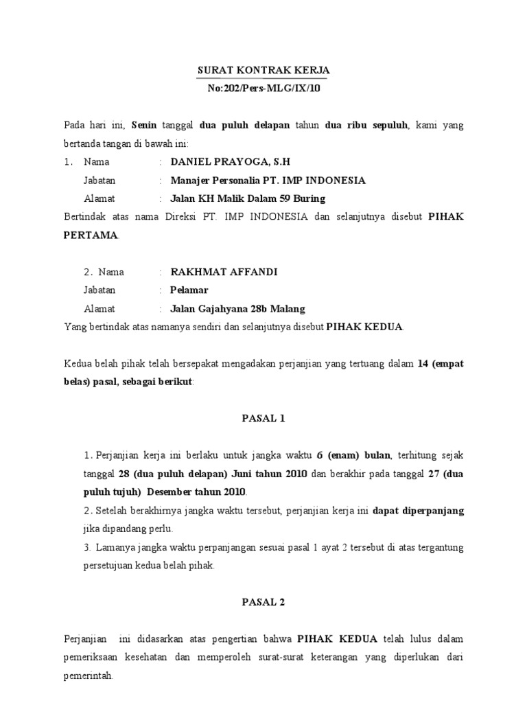 Detail Surat Perjanjian Kontrak Kerjasama Nomer 17