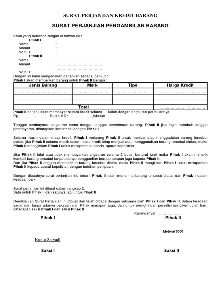 Detail Surat Perjanjian Kredit Hp Nomer 6