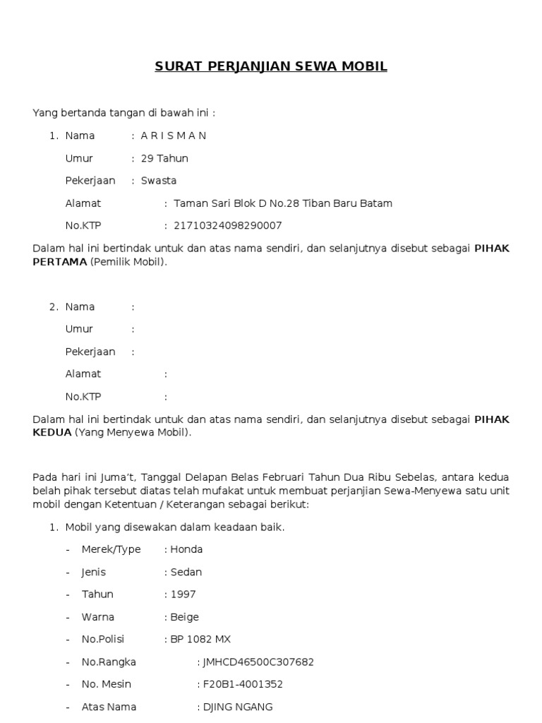 Detail Surat Perjanjian Mobil Nomer 12