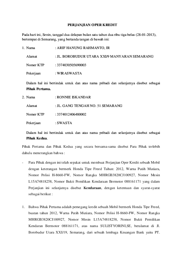 Detail Surat Perjanjian Over Kredit Mobil Nomer 16