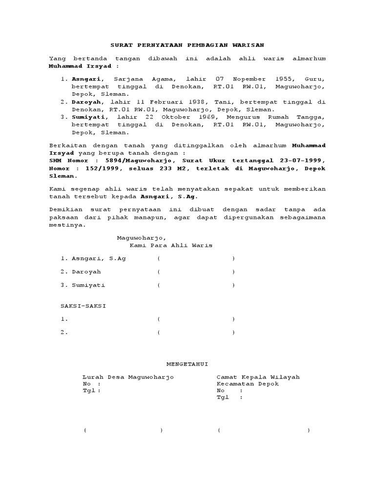 Detail Surat Perjanjian Pembagian Warisan Nomer 2