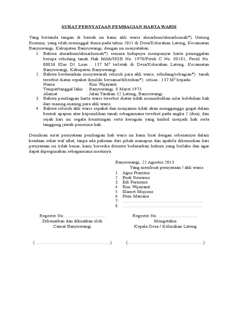 Detail Surat Perjanjian Pembagian Warisan Nomer 13